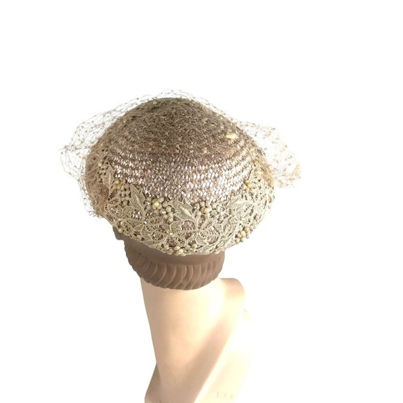1950s straw hat blush pink with lace and pearls main image 7